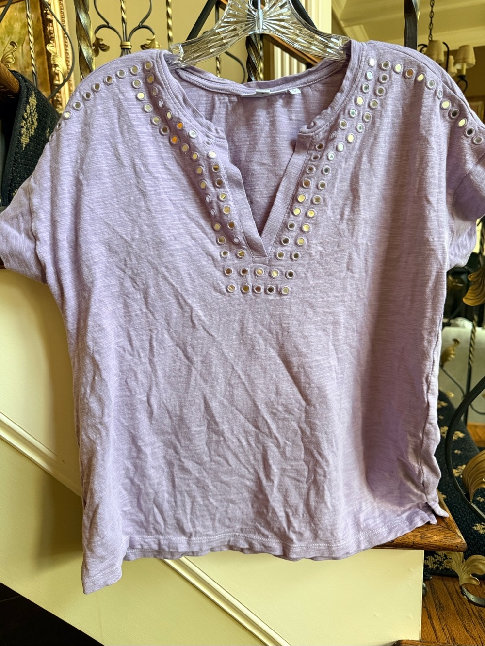 Chico’s Purple B Neck Tee. Silver sequin. Cotton. S EUC
